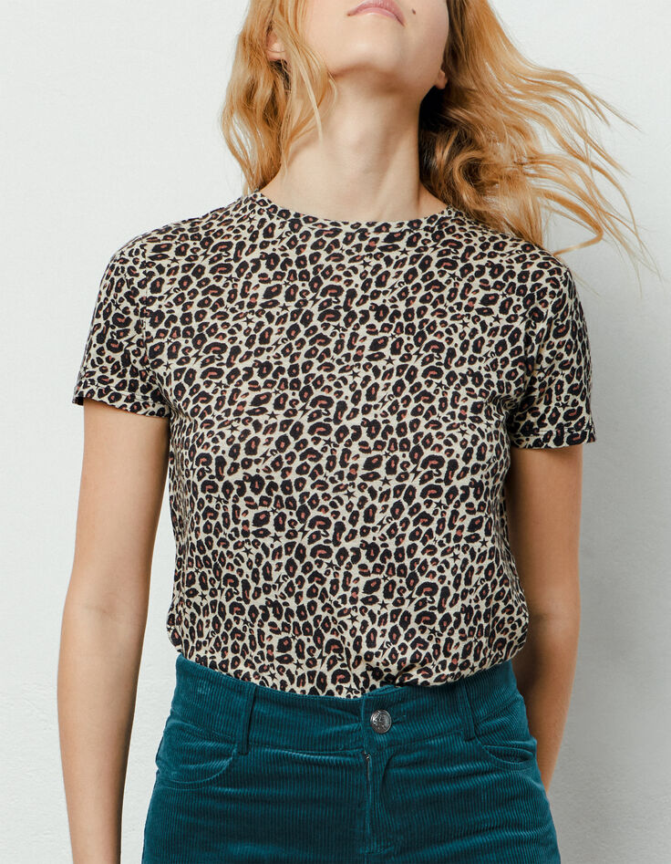 Damen-T-Shirt im Leo-Print aus Viscose und Leinen-5