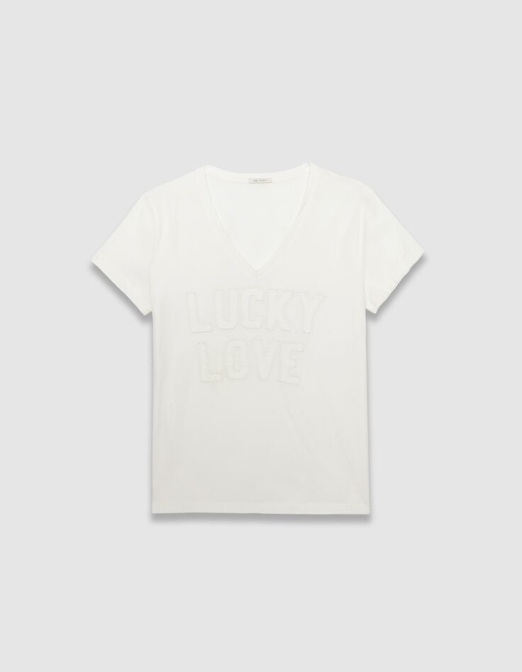 Weißes Damen-T-Shirt Biowolle Schriftzug Stick-Buchstaben-5