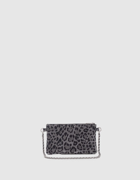 Women’s grey leopard motif suede 111 clutch bag - IKKS