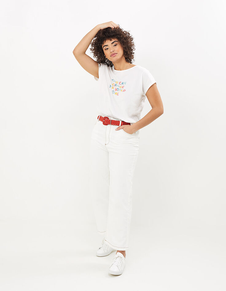 I.Code off-white organic T-shirt with coloured slogan-6