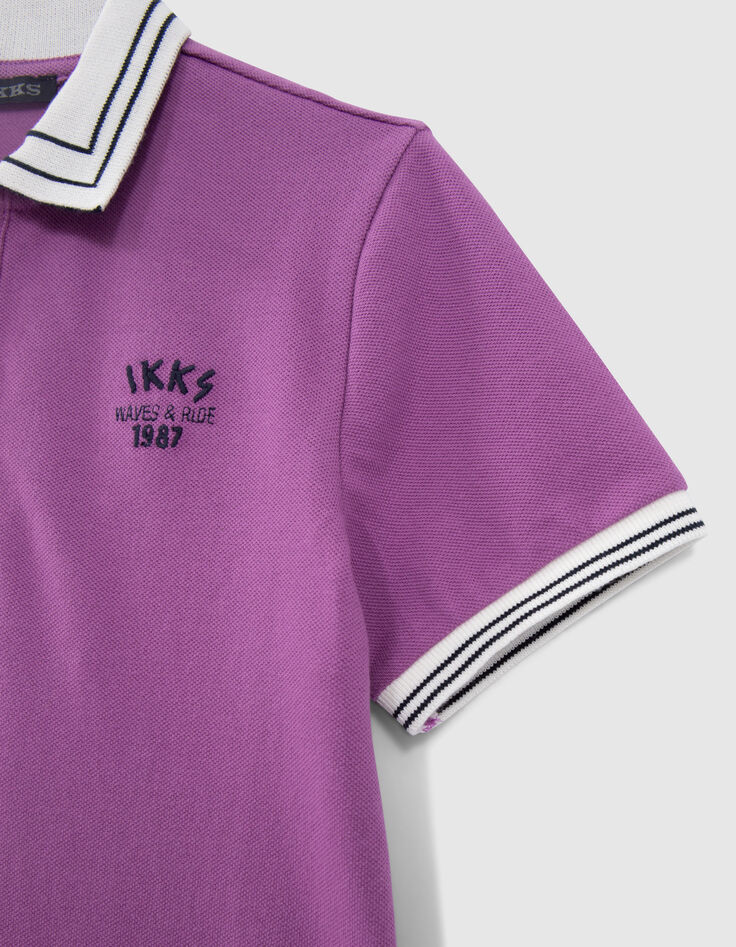Boys’ purple pique knit polo shirt with striped ribbing-6
