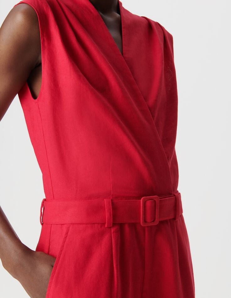 Combinaison rouge cache-coeur ceintur&eacute;e Femme-2