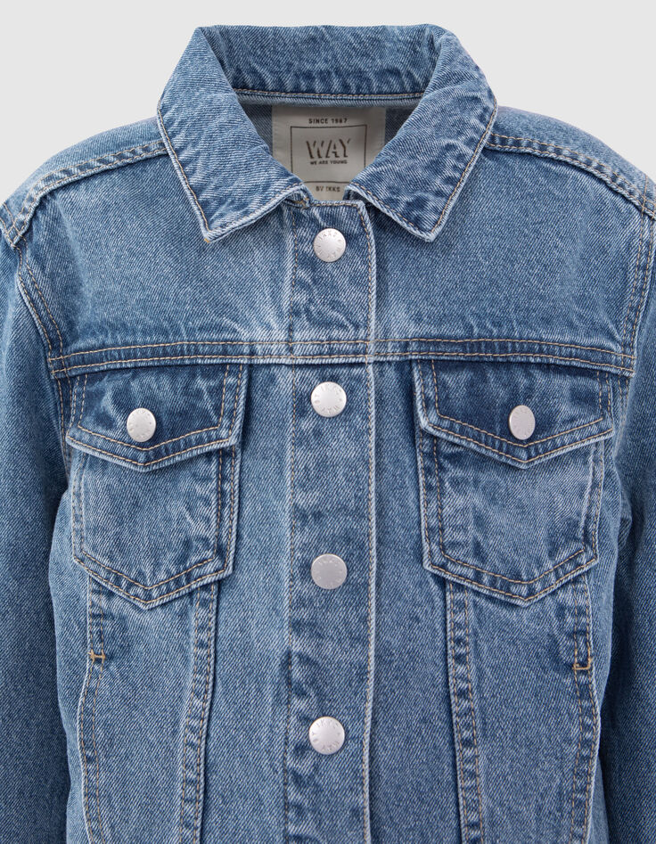 Blaue Waterless-Mädchenjeansjacke im Crop-Schnitt-2 Blaue Waterless-Mädchenjeansjacke im Crop-Schnitt-2