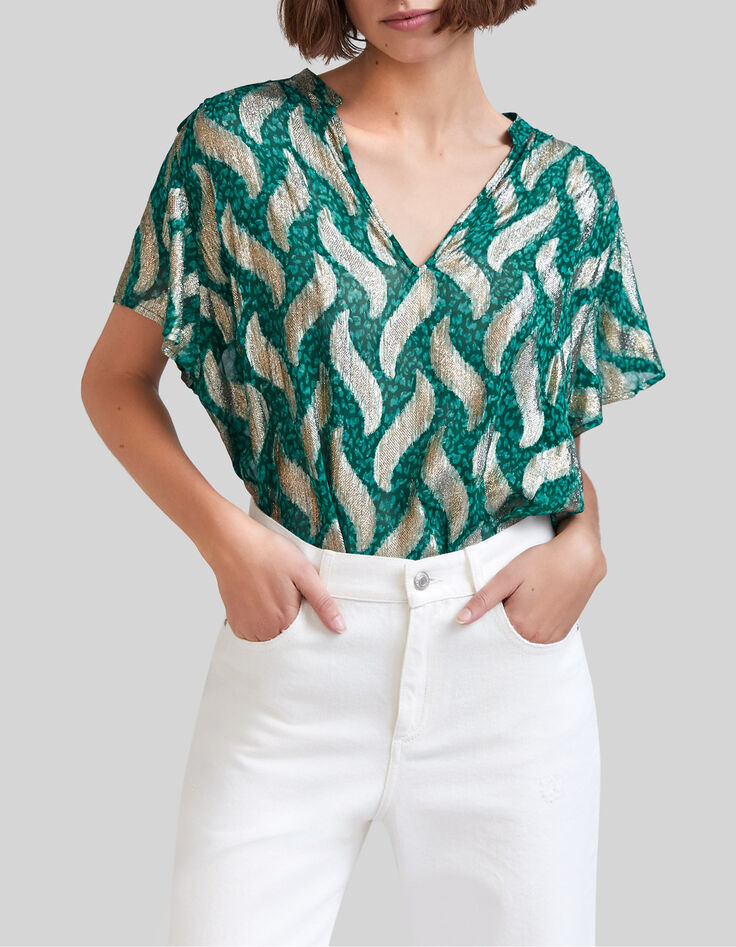 Smaragdgroene top goudkleurige bladprint Dames-1