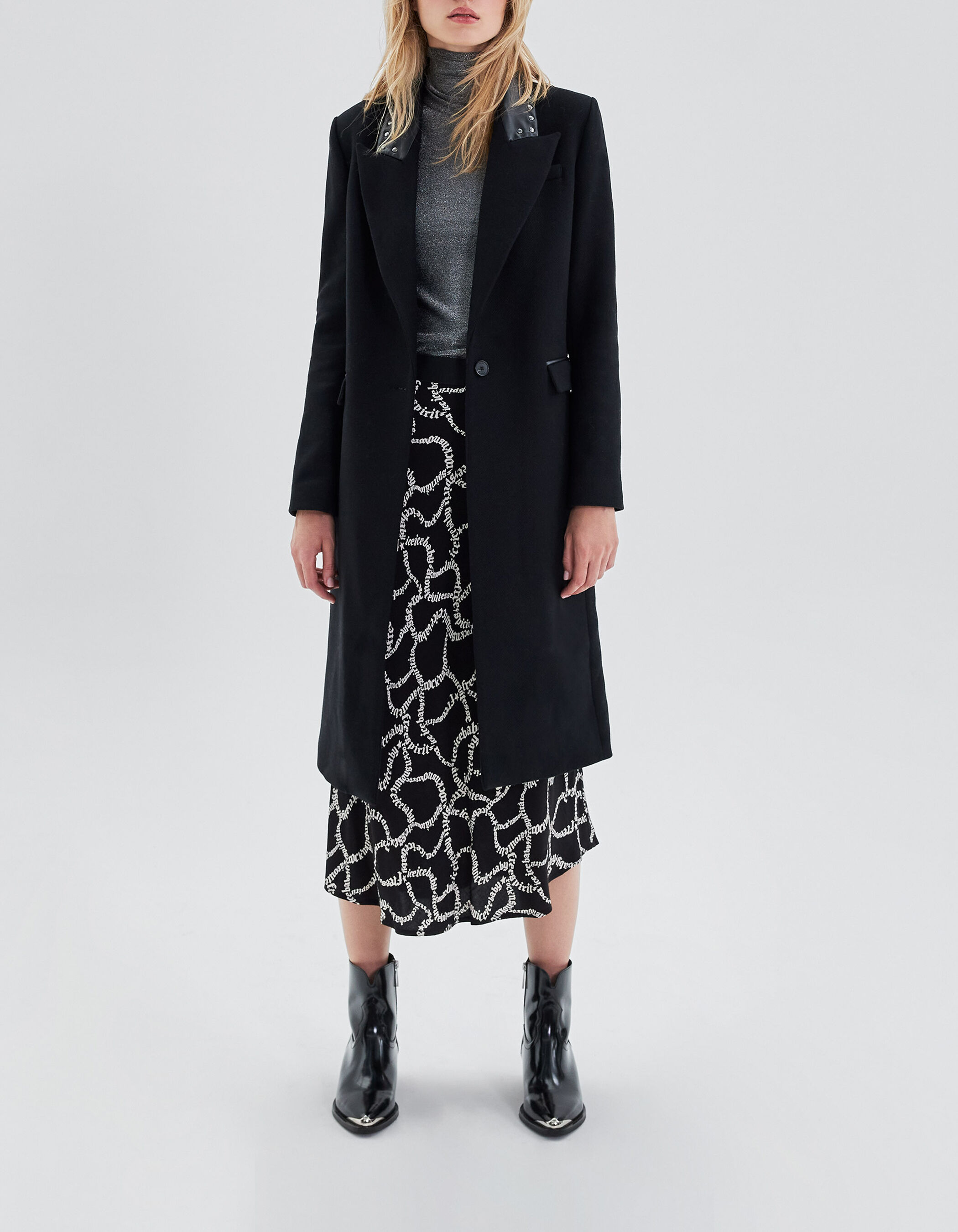 Manteau long noir avec col rock clout Femme