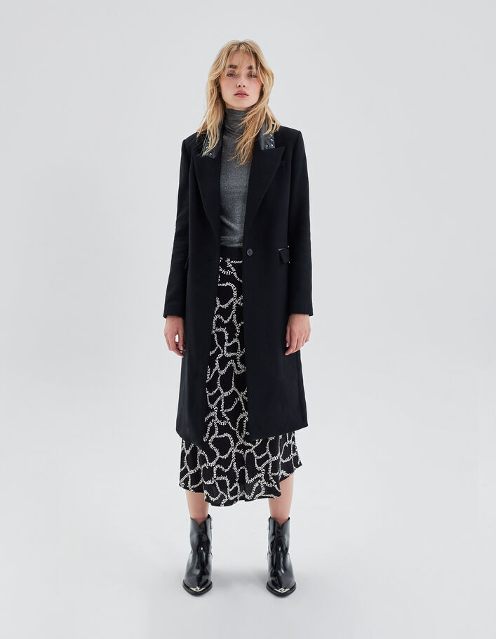 Women’s black long coat with studded rock collar - IKKS