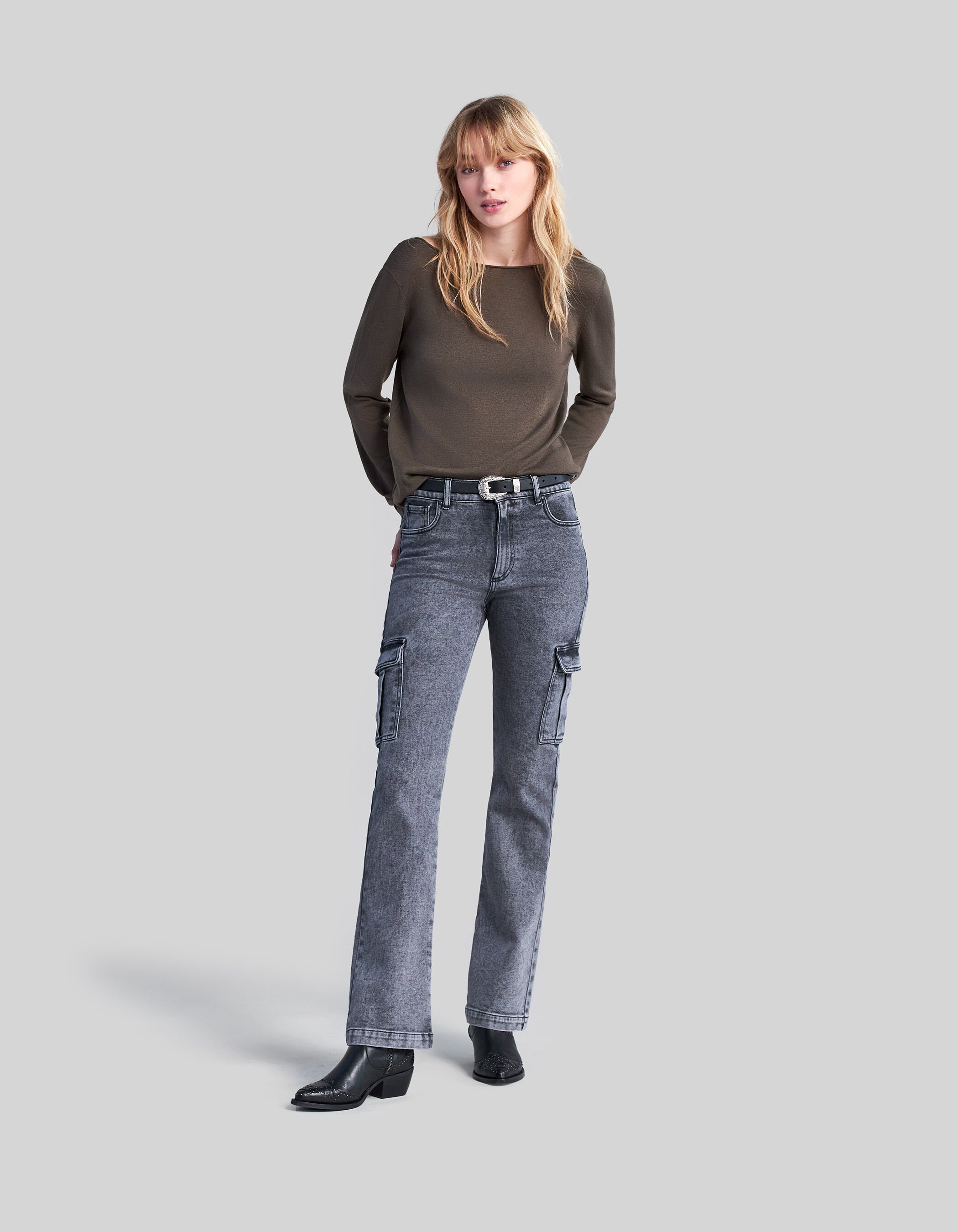 Pull kaki encolure devant dos en dentelle femme IKKS