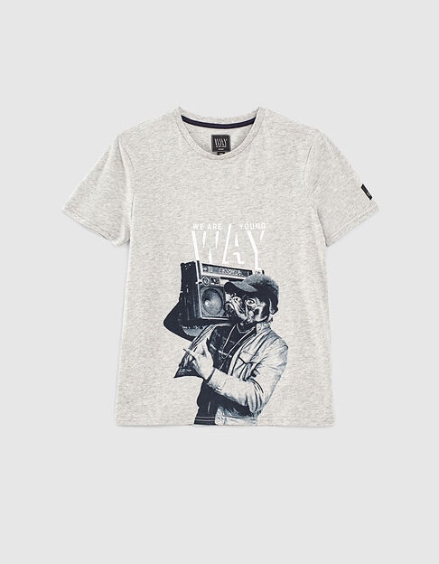 Camiseta gris jaspeado con perro y ghetto blaster niño