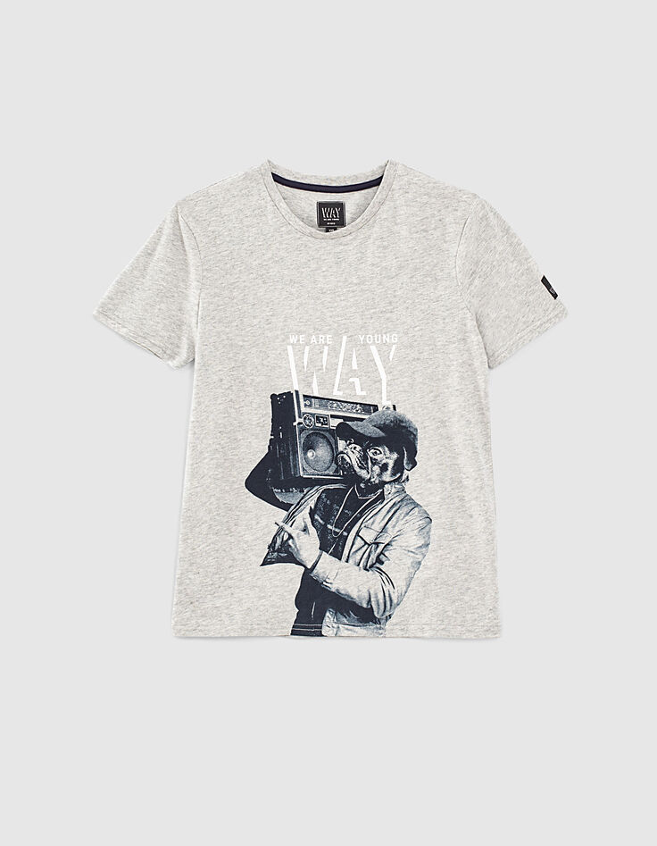 Grau meliertes Jungen-T-Shirt mit Hund und Ghetto Blaster-1