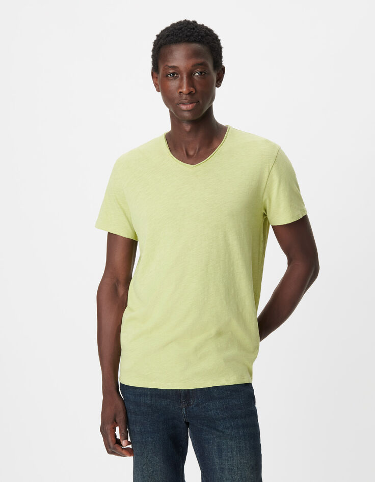 T-shirt encolure V vert coton bio flamm&eacute; Homme-2