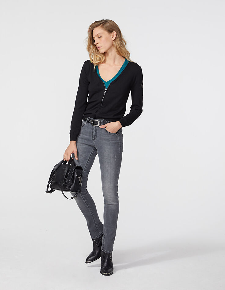 Cardigan maille tricot noir bijoux esprit militaire femme-6