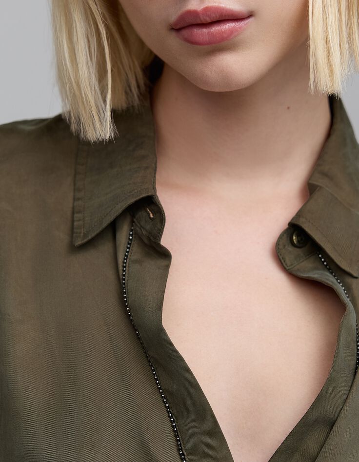 Women's khaki midi shirt dress with jewels-5