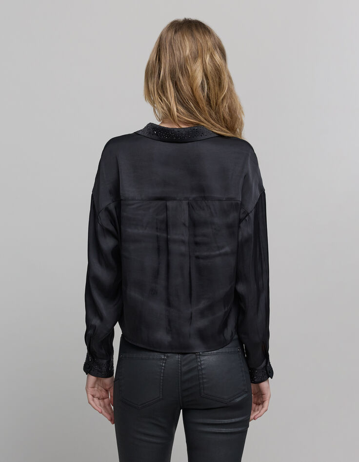 Camisa de mujer de satén negro cuello y puños de strass-3