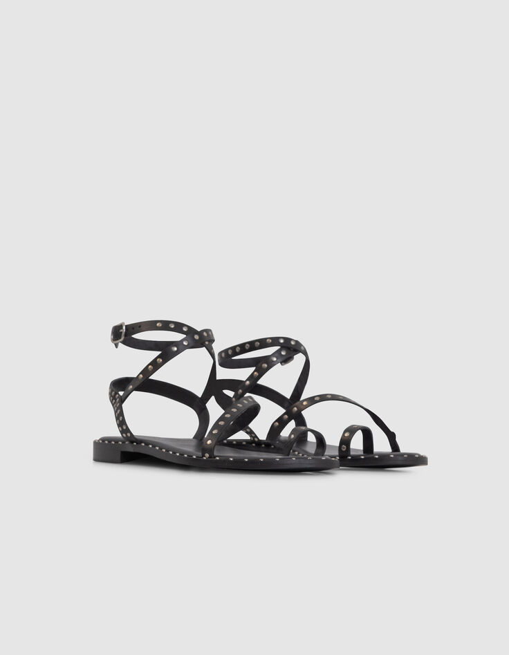 Sandales-tongs plates noires cuir clouté Femme-5