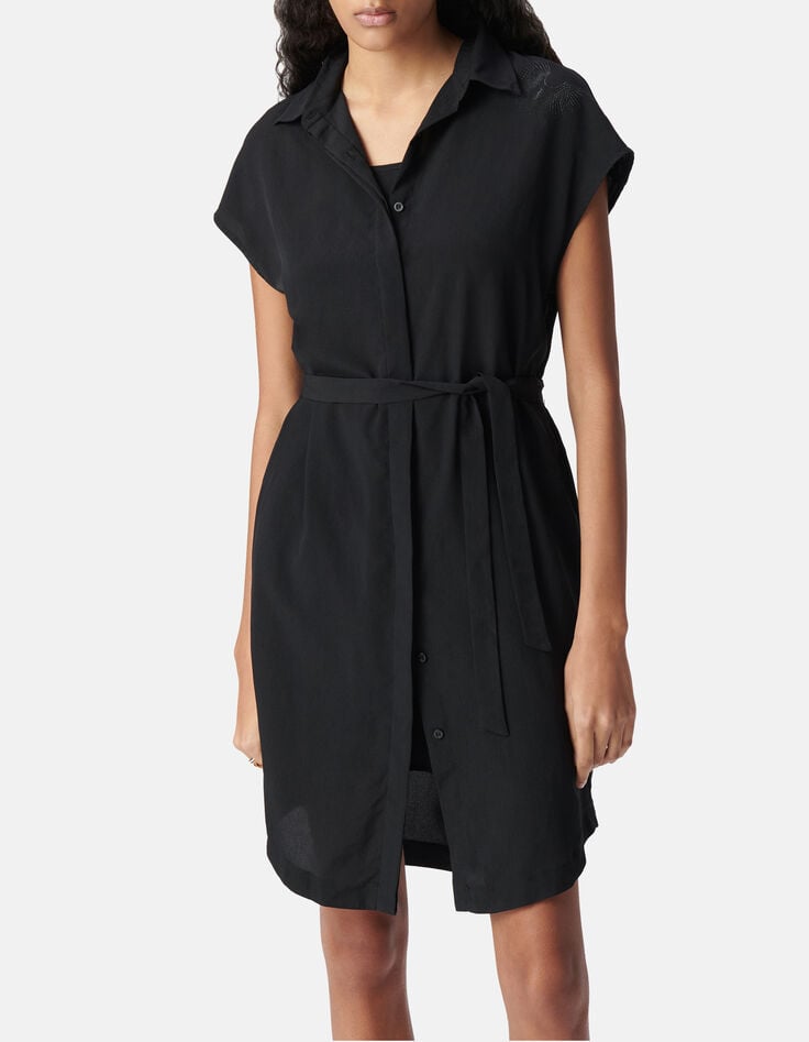 Vestido camisero negro de mujer de poli&eacute;ster reciclado con estampado de pedrer&iacute;a-2