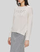 Pull blanc cass&eacute; tricot message strass Femme-4