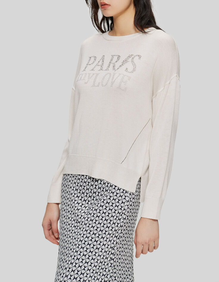 Pull blanc cass&eacute; tricot message strass Femme-4