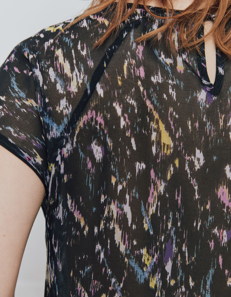 Voile top gekleurde print kanten inzet hals dames-5