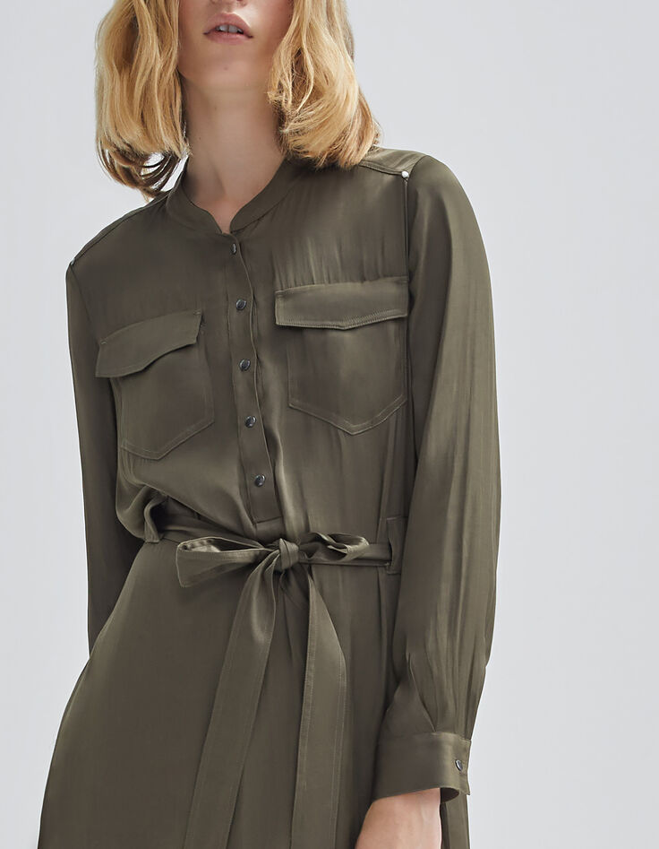 Vestido caqui satinado reciclado con pieza detrás mujer-3