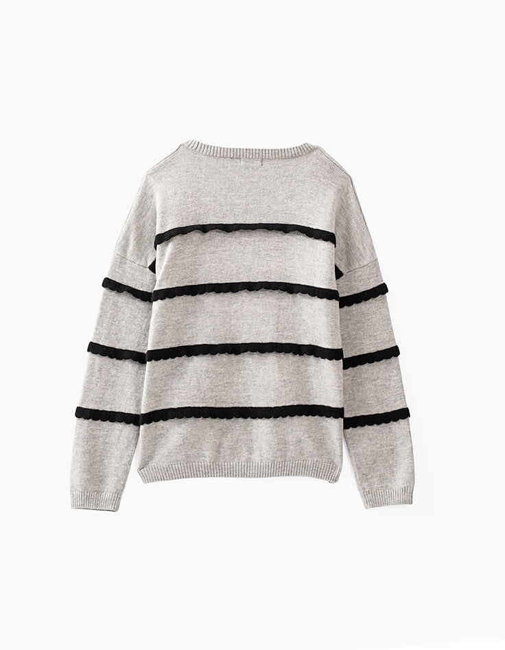 Pull gris chiné avec festons noirs fille-3 Pull gris chiné avec festons noirs fille-3