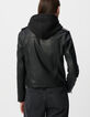 Blouson noir en cuir d'agneau à capuche amovible femme-3