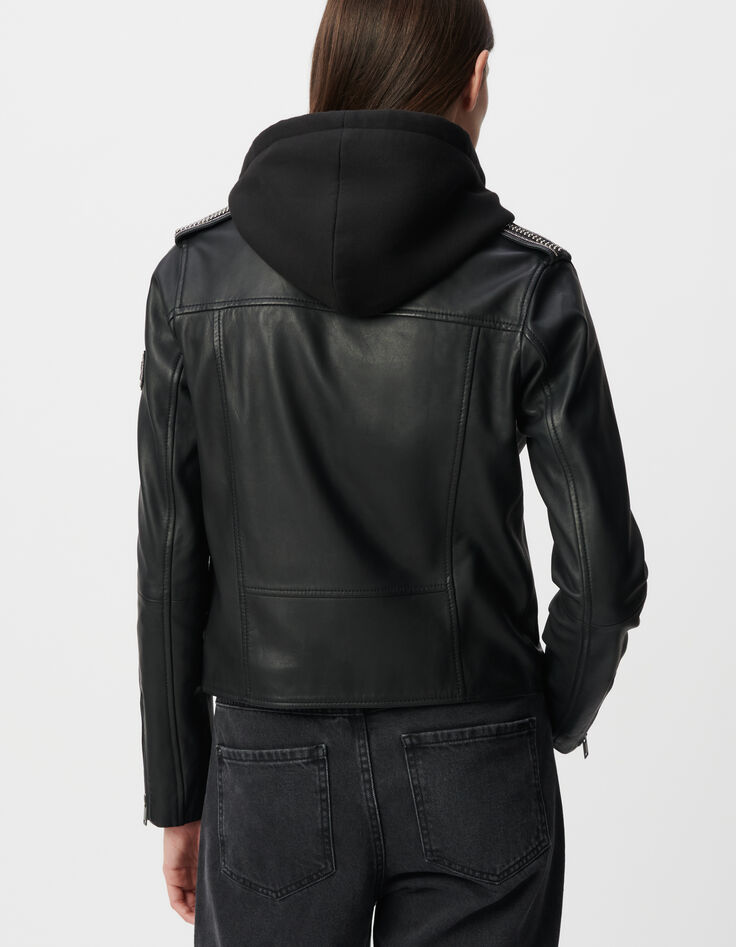 Blouson noir en cuir d'agneau à capuche amovible femme-3
