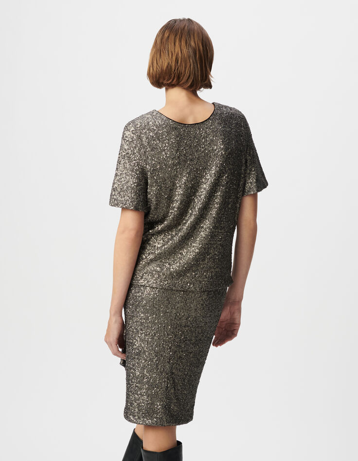 Top gris manche courte brodé sequins métallisés Femme-3