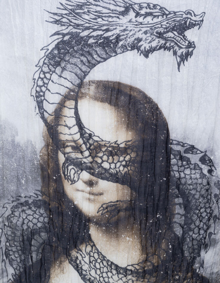 Men’s beige Mona Lisa-dragon arty scarf-2