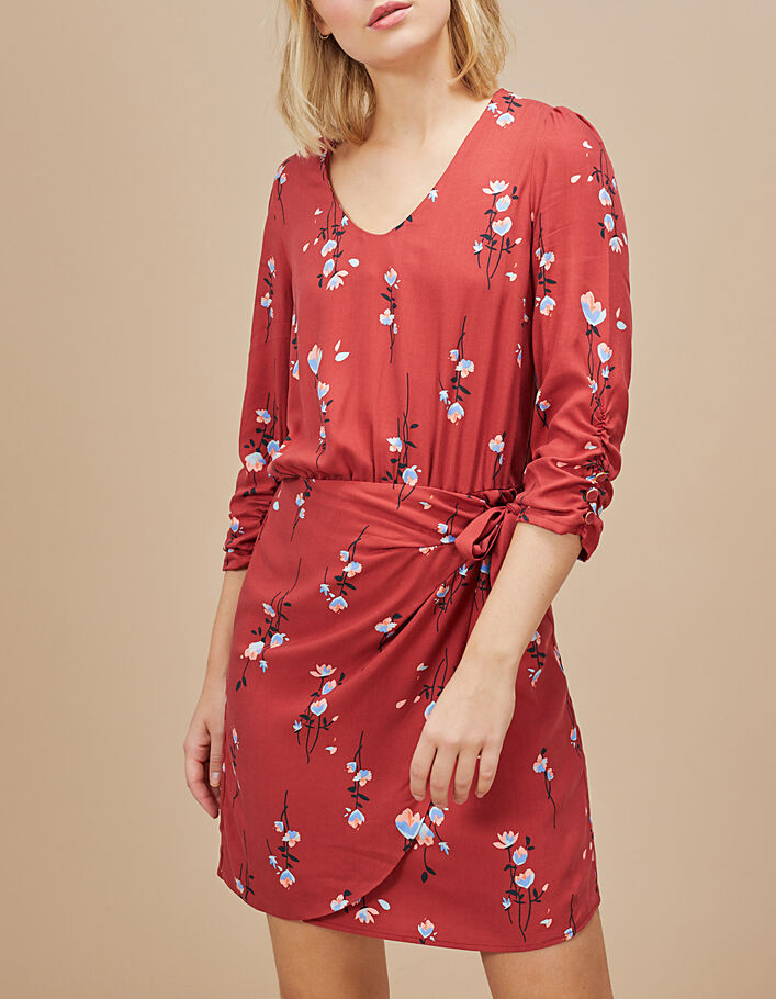 Granaatrode jurk, bloemenprint V-hals I.Code - I.CODE