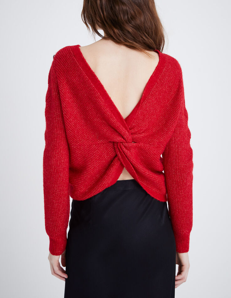 Women’s red knit sweater with bow sewn on back-3