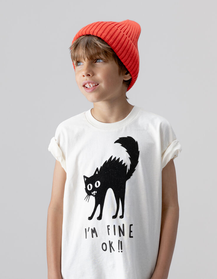 Boys’ white T-shirt with flocked velvet cat image-1 Boys’ white T-shirt with flocked velvet cat image-1