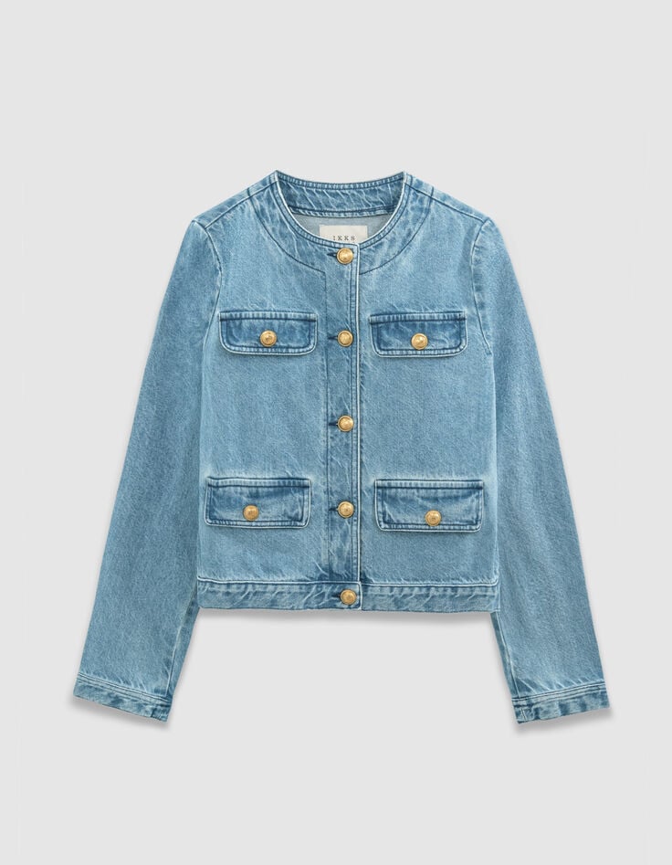 Veste en jean bleu waterless sans col Femme-5 Veste en jean bleu waterless sans col Femme-5