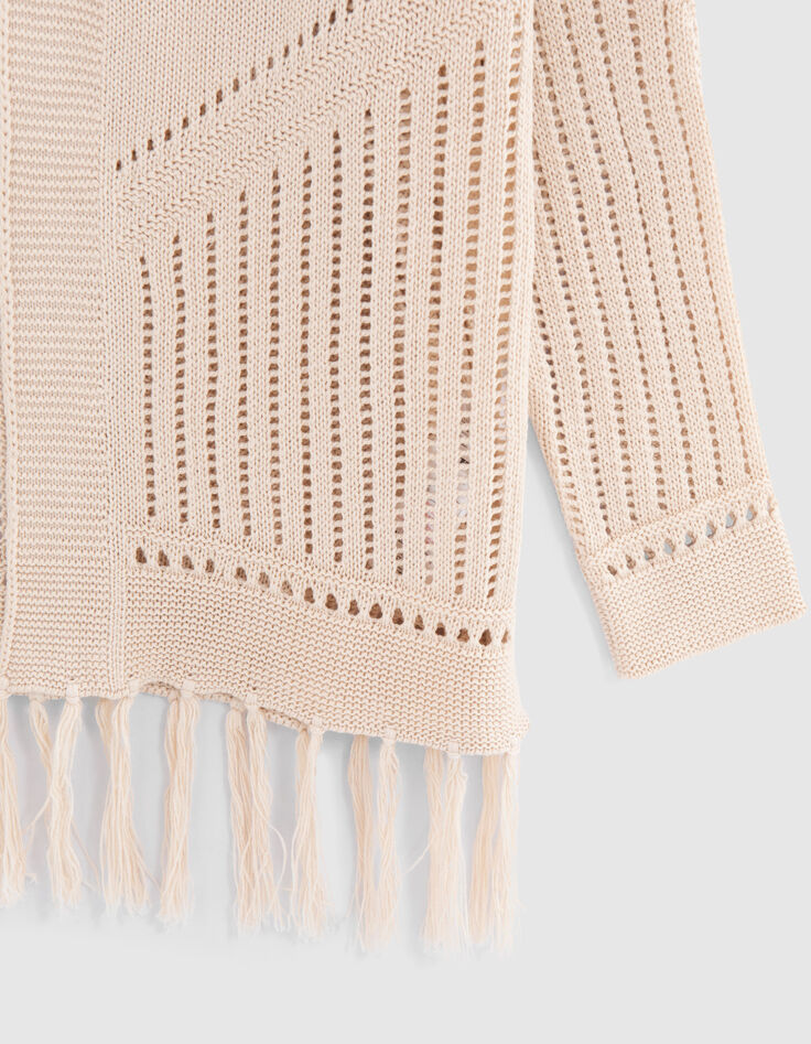 Women’s ecru openwork knit cardigan with fringed edges-7 Women’s ecru openwork knit cardigan with fringed edges-7