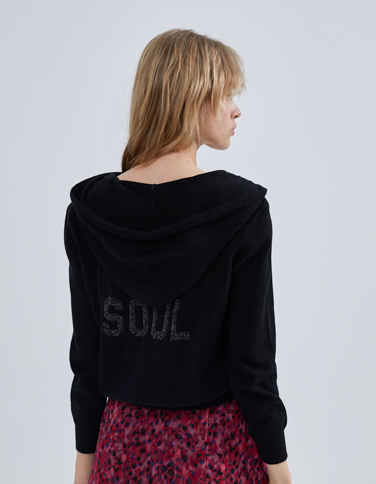 Women’s black knit cardigan, jacquard slogan front & back-3