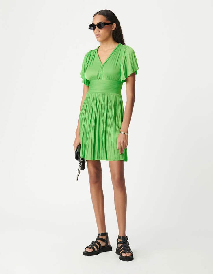 Women's green satin pleated short dress-1