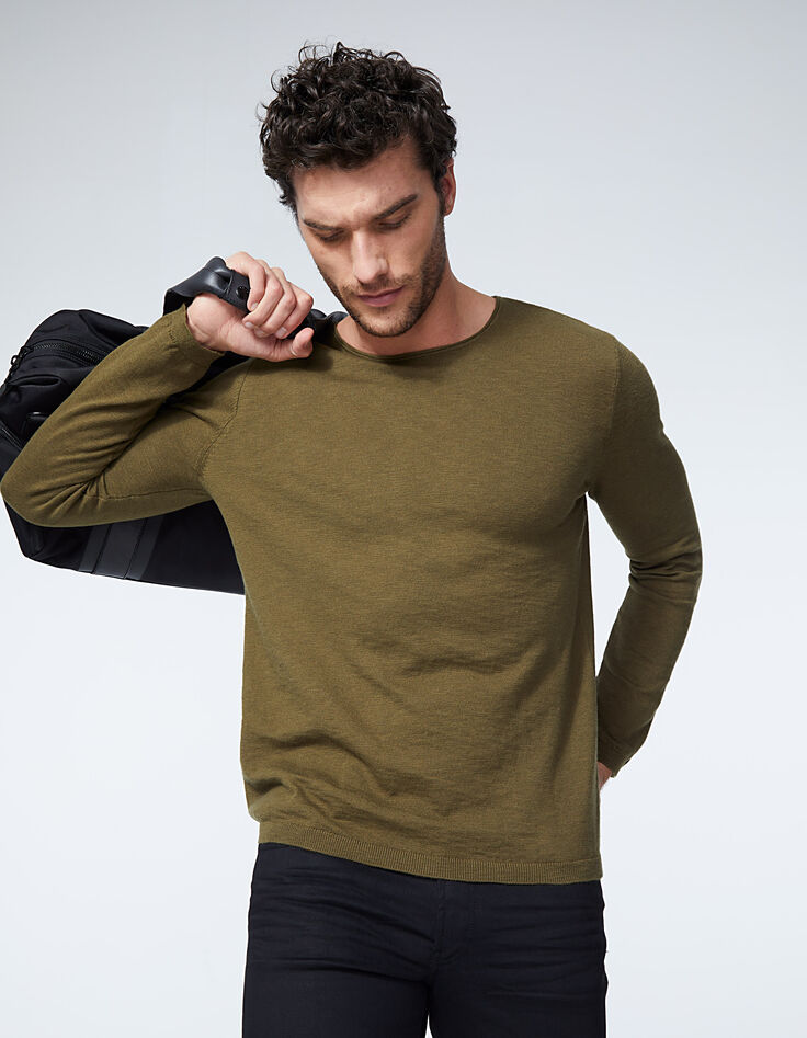 Pull kaki tricot fin slub Homme-1