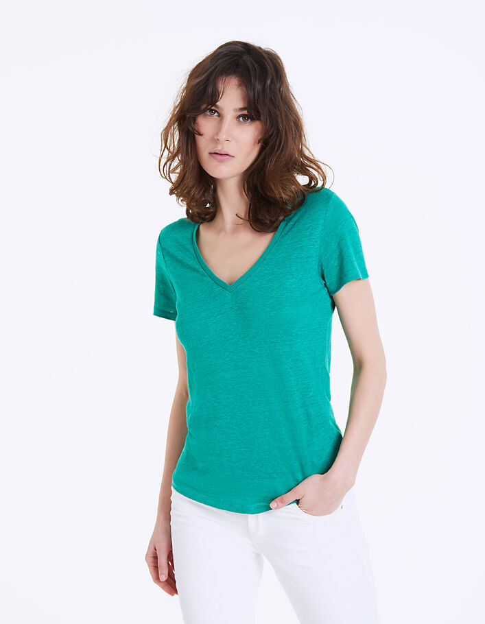 Groen linnen T-shirt palmborduursel rug - IKKS