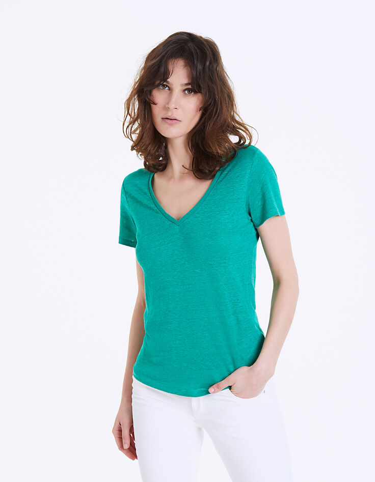 Tee-shirt en lin vert broderie palmier dos femme-2 Tee-shirt en lin vert broderie palmier dos femme-2
