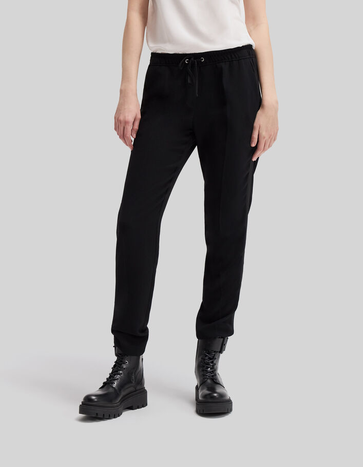 Women’s black crepe straight trousers, elasticated belt - IKKS