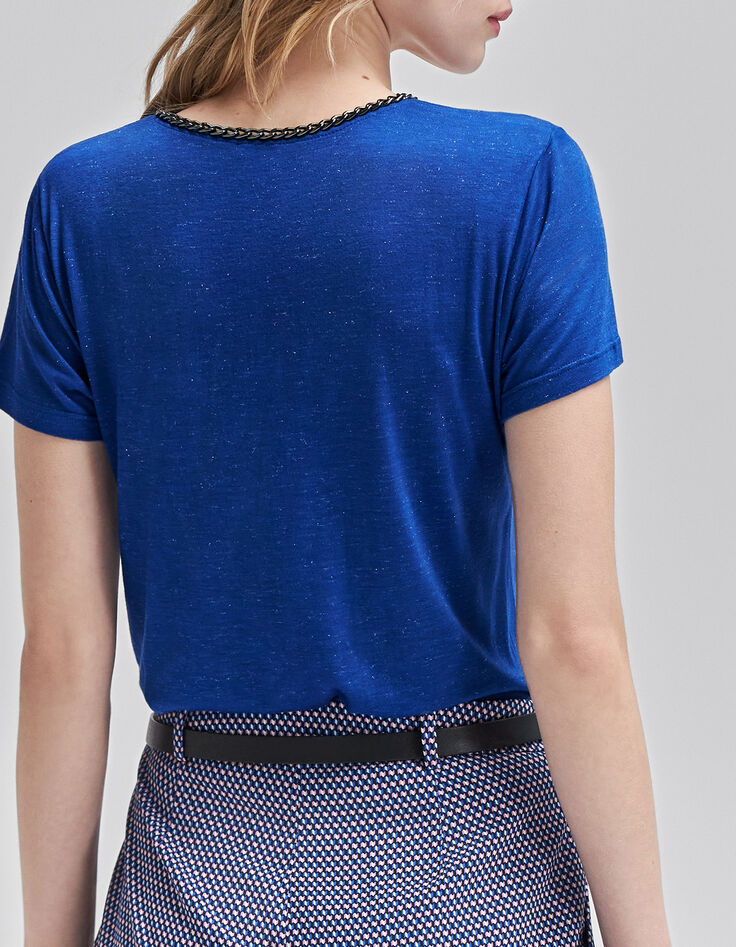 Kobalt T-shirt lurex met ketting aan de hals Dames-3