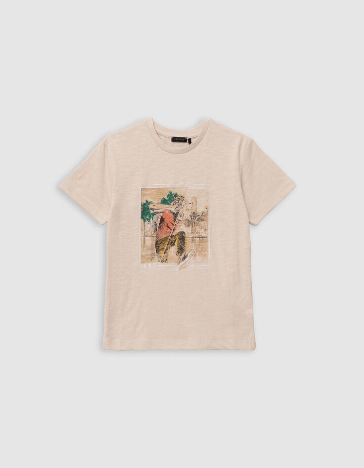 T-shirt beige coton bio homme à tête de tigre garçon-2
