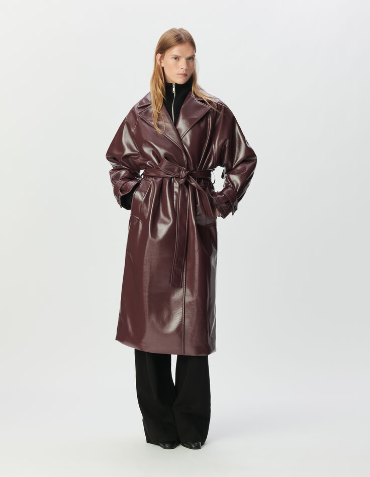 Bordeauxroter Damen-Trenchcoat lang Vinyloptik-1