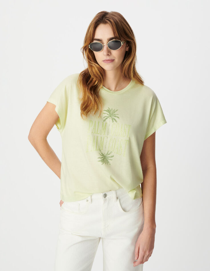 Groen visueel T-shirt met palmbomen en glitterboodschap voor Dames-2