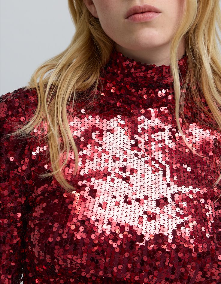 Vestido bermellón efecto drapeado bordado con lentejuelas para mujer-5 Vestido bermellón efecto drapeado bordado con lentejuelas para mujer-5