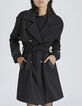 Trench long en mix laine et finitions faux cuir noir femme-1