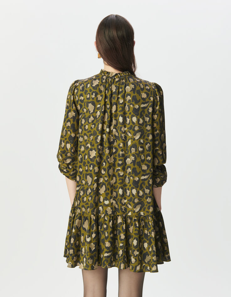 Khaki weites Damenkleid mit Leo-Fleckenprint-3