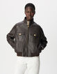Women's Brown Leather Bomber Jacket-2