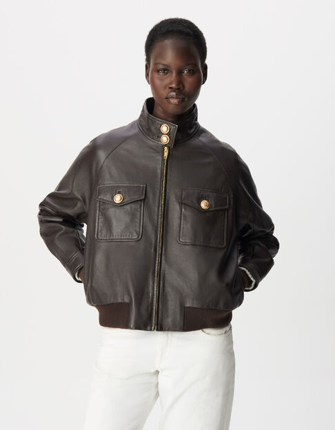 Women's Brown Leather Bomber Jacket - IKKS