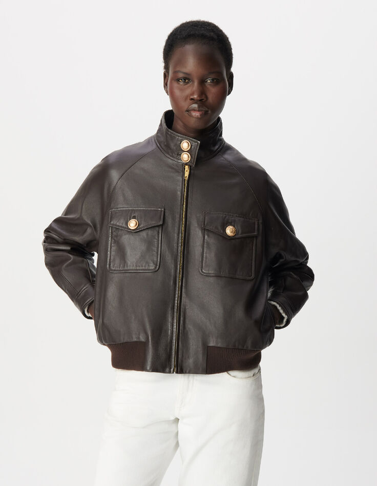 Women's Brown Leather Bomber Jacket-2