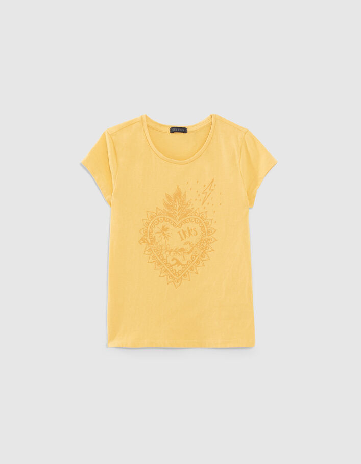 T-shirt jaune coton bio visuel coeur pailleté fille - IKKS